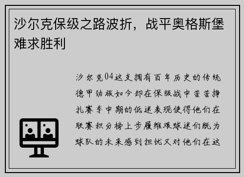 沙尔克保级之路波折，战平奥格斯堡难求胜利