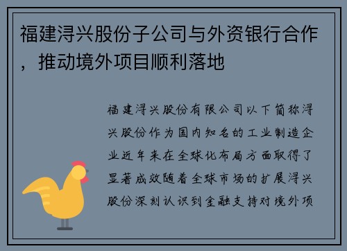 福建浔兴股份子公司与外资银行合作，推动境外项目顺利落地