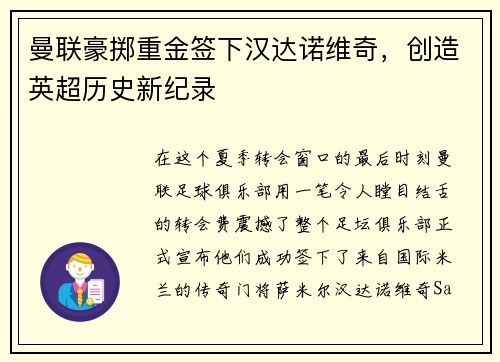 曼联豪掷重金签下汉达诺维奇，创造英超历史新纪录