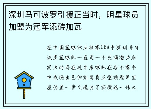 深圳马可波罗引援正当时，明星球员加盟为冠军添砖加瓦