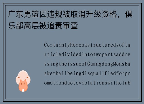 广东男篮因违规被取消升级资格，俱乐部高层被追责审查