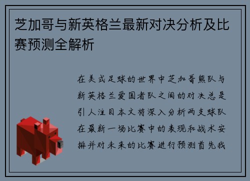 芝加哥与新英格兰最新对决分析及比赛预测全解析