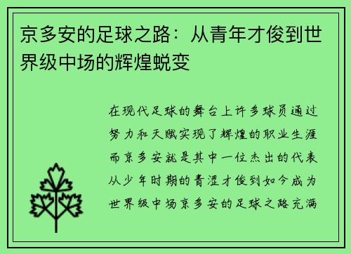 京多安的足球之路：从青年才俊到世界级中场的辉煌蜕变