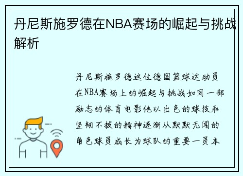 丹尼斯施罗德在NBA赛场的崛起与挑战解析