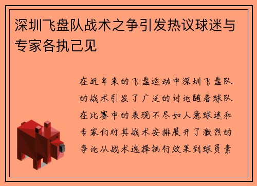 深圳飞盘队战术之争引发热议球迷与专家各执己见