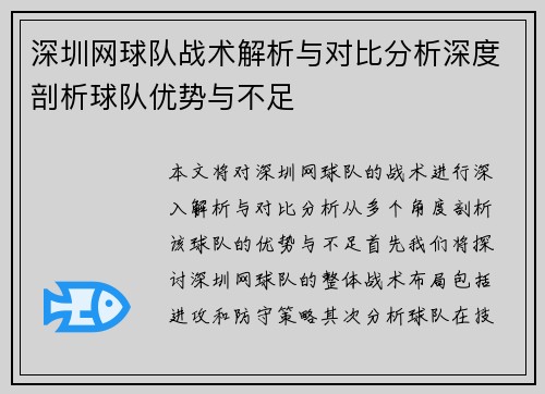 深圳网球队战术解析与对比分析深度剖析球队优势与不足